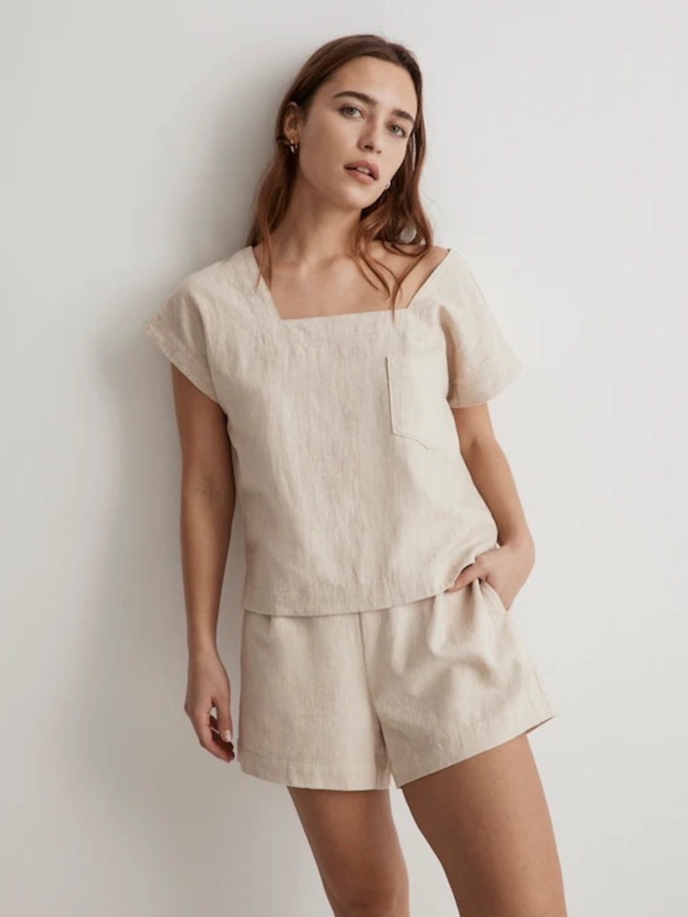 Madewell Natural Beige Linen Square-Neck Short Sleeve Top